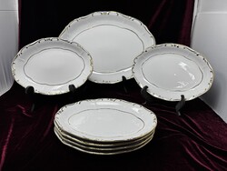 Zsolnay stafír 1+6 darabos fehér és arany porcelán halas, pecsenyés tányér készlet