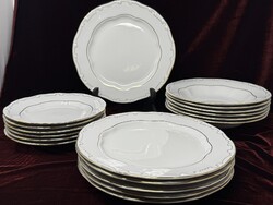 Zsolnay stafír  6x3=18darabos fehér és arany porcelán tányérkészlet, kis-, nagy- és mélytányér