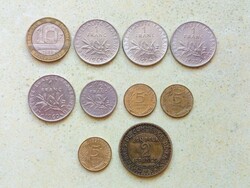 Franciaország 10 db Különböző Érme 5 Centimes 1/2 1 2 10 Frank Francs 1923-1989