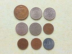 Dánia 9 db Különböző Érme 1 5 10 50 Öre 1955-1989
