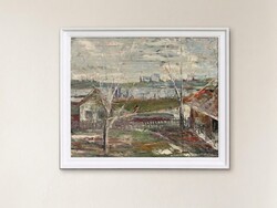 Szathmáry István: Házak a vízparton (Táj, 1974) – Eredeti, gyönyörű modern olajfestmény