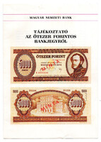 Tájékoztató az ötezer forintos bankjegyről 1990 MNB kiadvány, prospektus