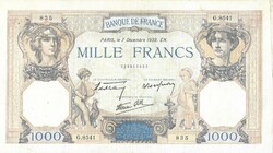 1000 frank francs 1939.12.07. Franciaország Hatalmas lepedő méretű bankjegy