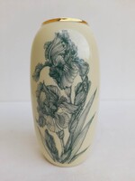 Hollóházi porcelán váza 17cm zöld írisz vonalrajz aranyozott szájjal - 10 jelzés