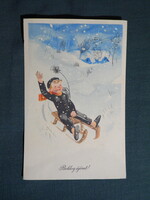 Postcard, Zsuzsa Demjén, Graphic Art, Children's Model, Boy, Chimney Sweep, Holiday, New Year, 1956-