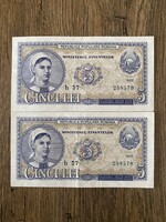 Románia 5 Lei 1952 VF Sorszámkövető pár