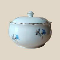 Hollóházi porcelán bonbonier / cukortartó – kék virágmintás, jelzett