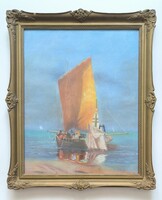 Eugéne Deve(1826-1867): Halászhajó a vízen. Jelzett pasztell festmény.