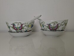 Kínai Jǐngdézhèn pillangós porcelán leveses tányér pár +2 kanál +2 kistányér