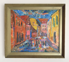 Vén Emil (1902-1984): Esős utca Szentendrén – Képcsarnokos olajfestmény