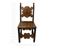 Antique Renaissance inlaid carved backrest chair, sold individually or in pairs
