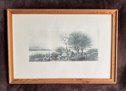 Nechánszky József: Őszi Balaton (1982) – szignózott, számozott eredeti rézkarc, Képcsarnokos pecsét