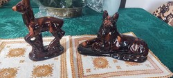 Old Brown Glazed Ceramic Dog and Deer Pair – Vintage Figurine Set, 1960s