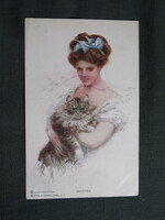 Képeslap,Harrison Fisher grafika,művészet,lány,hölgy,női modell,macska,cica,1913-