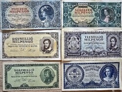 Nagyon szép Milpengő bankjegy sorozat ( 6db) – A magyar hiperinfláció csúcsa (1946)!