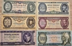 Eladó nosztalgikus magyar forint bankjegy gyűjtemény (6 db-os szett)