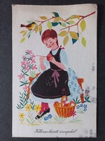 Régi grafikus rajzos képeslap Húsvéti üdvözlet K.Lukáts Kató 1966