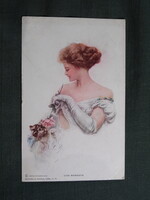 Képeslap,Harrison Fisher grafika,művészet,lány,hölgy,női modell,macska,cica,virág,rózsa,1913-