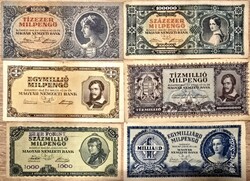 Különleges Milpengő bankjegy sorozat (6 db) – A magyar hiperinfláció csúcsa (1946)!