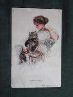 Képeslap,Harrison Fisher grafika,művészet,lány,hölgy,női modell,macska,cica,1913-