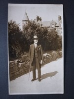 Antik fotó idős elegáns férfi bottal Skegness Anglia 1933