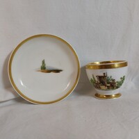 Antik Vieux Paris (Párizsi) porcelán csésze aljjal, tájképes, aranyozott