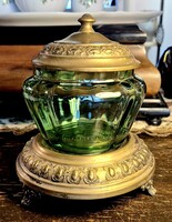 Antique Green Glass with Copper Lid - Footed Chocolate Server / Bonbonnière with Original Green Glass Insert