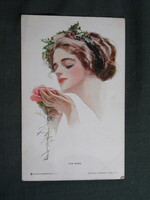 Képeslap,Harrison Fisher grafika,művészet,lány,hölgy,női modell,virág,rózsa,1913-