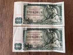 Csehszlovákia 100 Korona 1961 XF Sorszámkövető Pár