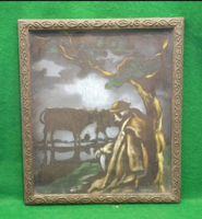 Vintage Hand-Painted Silk Painting – Shepherd with Cows (27x23.5 cm) from the 1920s-30s