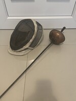 Antik francia épée vívókard, sisakkal együtt