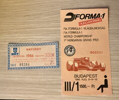 1986-os első Magyar Formula–1 Nagydíj eredeti belépő + BKV-jegy