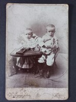 Antique cabinet photo of 2 boys with instrument, Rozgonyi István Szarvas, approx. late 1890s