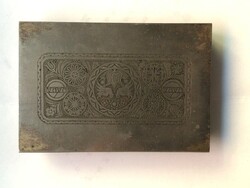 Jewelry box, RÁBA, decorated with folk motifs, steel lid panel, with copper covering on the wooden frame sides.