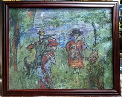 Tóth Ernő: Holdfénynél (olaj-vászon 100x80 cm + egyedi keret) korai fő mű - vadászat este, nagyméret