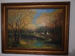 Herman Lipót (1884-1972) : Őszi fények/folyóparton, gyönyörű régi olajfestmény.