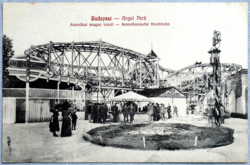 Budapest - Angol Park - Amerikai magasvasút , Le a cilinderrel , hiplá-hoplá -  antik képeslap  1903