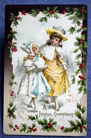 Antik dombornyomott  Karácsonyi üdvözlő  képeslap -  kislányok, téli táj. magyal  1906