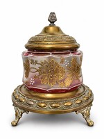 Antique Pink Painted Glass Bonbonnier with Brass Mounting, Late 19th Century