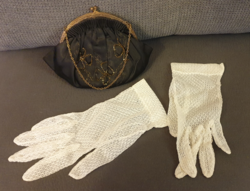 Vintage French Evening Set: Beaded Silk Clutch + Lace Gloves (1950s-60s)