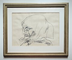 Szász Endre(1926-2003): Anyóka. Jelzett, eredeti grafika. Nagyméretű.