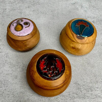 Handcrafted Polished Wood, Pink-Blue-Brown Pattern Enamel Jewelry Holder Set