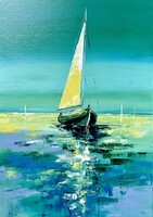 “Balatoni zöldek” Large-sized contemporary sailing painting on canvas