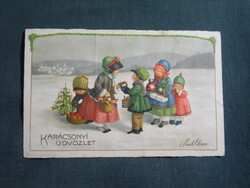 Képeslap,Pauli Ebner grafika,művészet,gyerek model,kisfiú,kislány,ünnep,karácsonyi, 1930-   ,sérült,