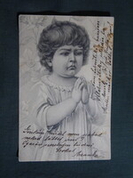 Képeslap,grafika,művészet,gyerek modell,kislány,ima,1902-   ,sérült,