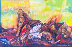 János Kántor (b. 1944) – Reclining nude in vibrant colors