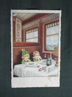 Képeslap,A. Bertiglia gafika,művészet,gyerek modell,kisfiú,kislány,vonat,étkezőkocsi, 1929-
