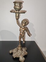 Bronz/réz antik figurális gyertyatartó, putto ábrázolás
