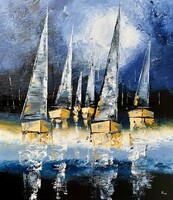 “Balatoni éjszaka” Large Contemporary Sailboat Painting on Canvas