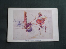 Képeslap,trianon,irredenta,Bozó Gyula grafika,női modell,népviselet,ünnep,újévi, 1940-  ,sérült,